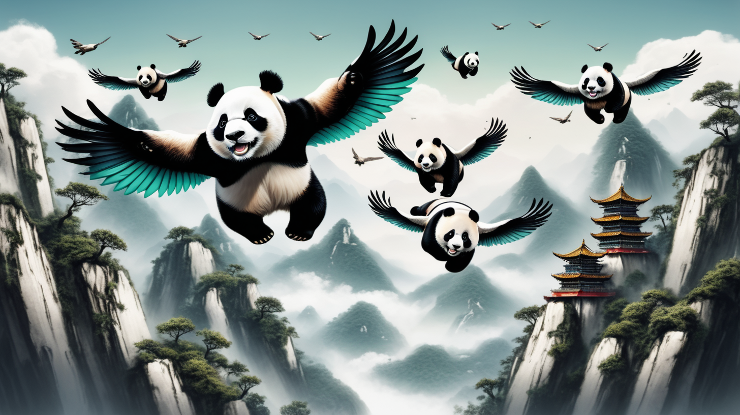 pandas with wing flying over a mountain