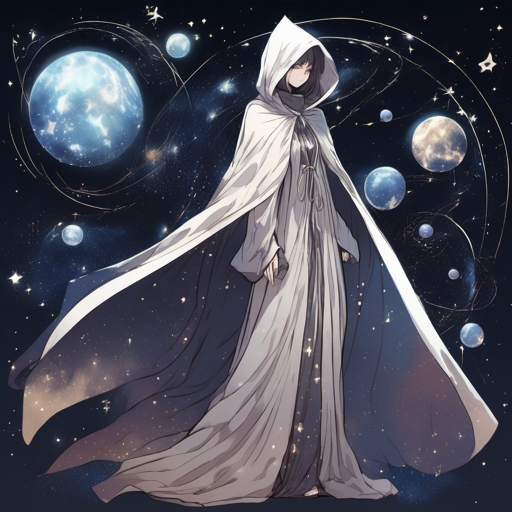 n anime manga style, a full body head to toe image of a mysterious and magical female wearing a long dress and shimmering cloak with a hood that is covered with stars, moons, planets and galaxies, full body reference